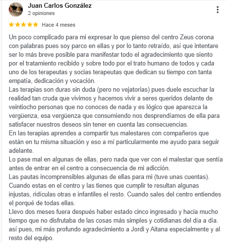 Reseña de Juan Carlos González en Google sobre Zeus