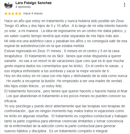 Reseña de Lara Fidalgo Sánchez en Google sobre Zeus