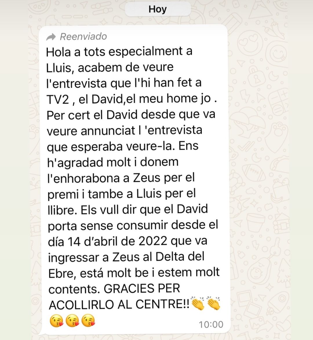 Mensaje reenviado agradeciendo al equipo del Centro Zeus