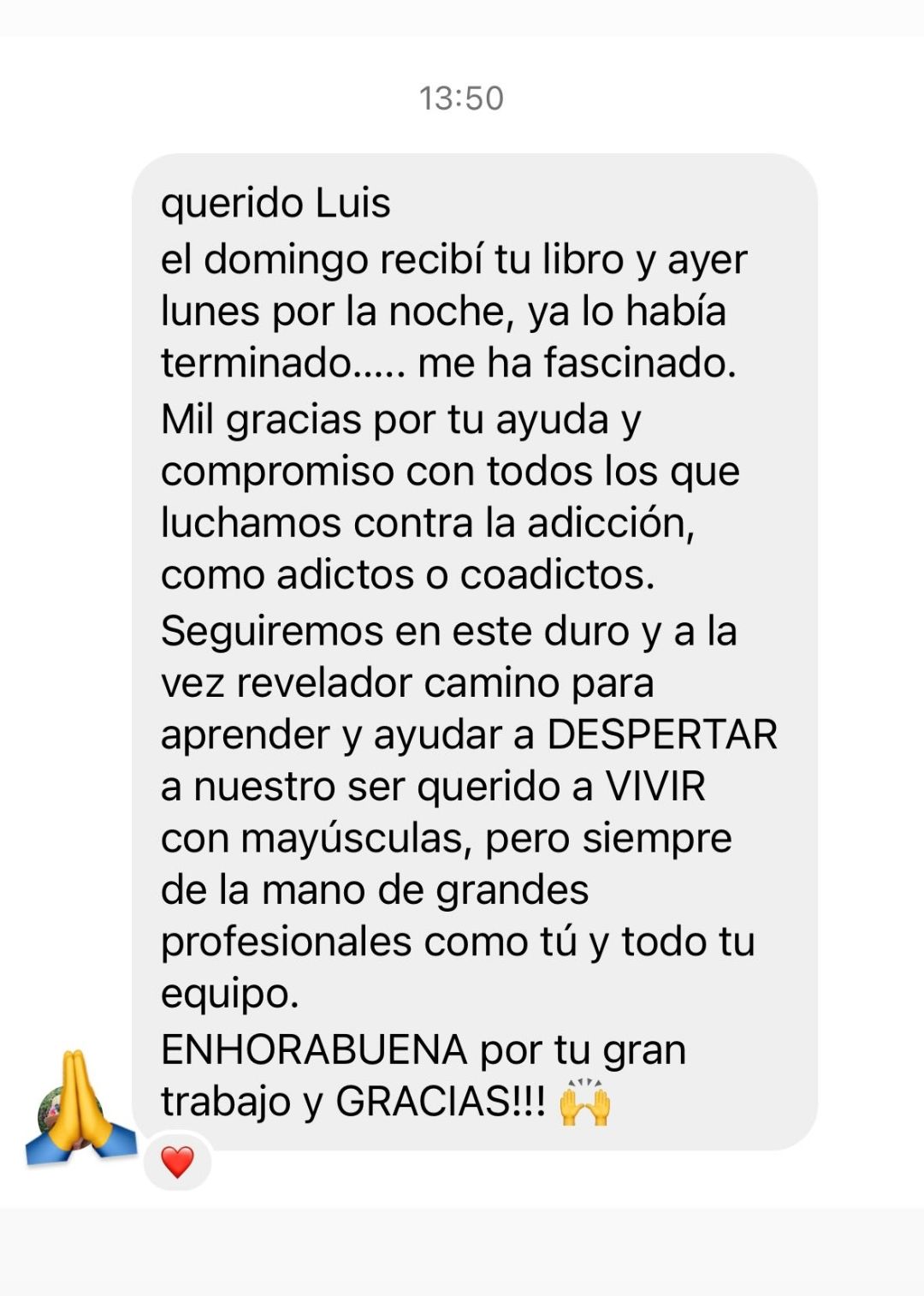 Mensaje de Instagram agradeciendo el libro de Luis Pérez
