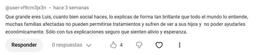 Comentario en YouTube agradeciendo el contenido de Luis Pérez