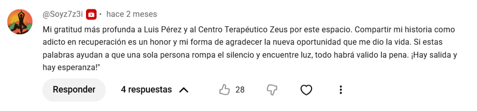 Comentario de @Soyz7z3i en YouTube sobre el Centro Terapéutico Zeus